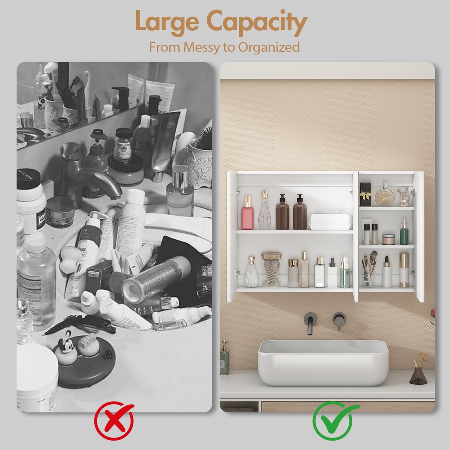 Advwin 900 x 600mm Bathroom Mirror Cabinet 3 Doors Medicine Cabinet Wall Storage White
