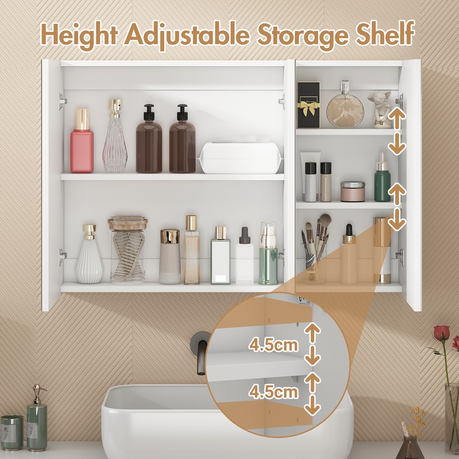 Advwin 900 x 600mm Bathroom Mirror Cabinet 3 Doors Medicine Cabinet Wall Storage White