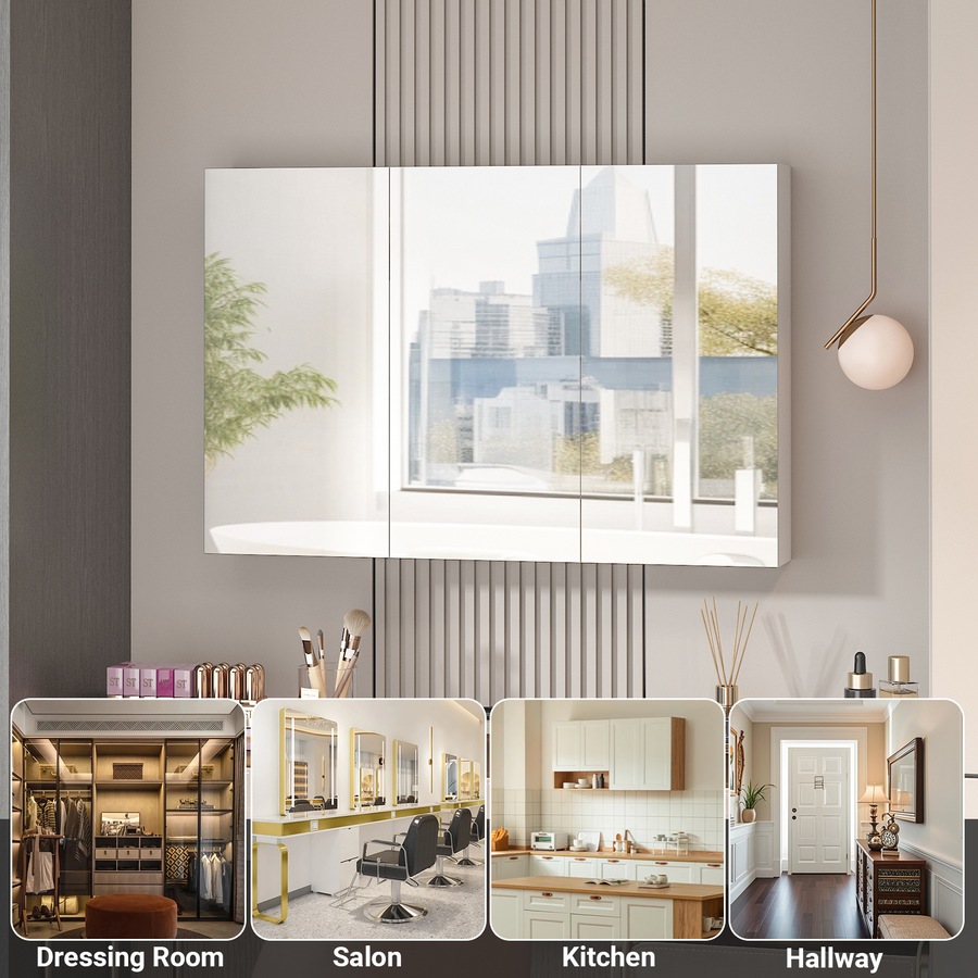 Advwin 900 x 600mm Bathroom Mirror Cabinet 3 Doors Medicine Cabinet Wall Storage White