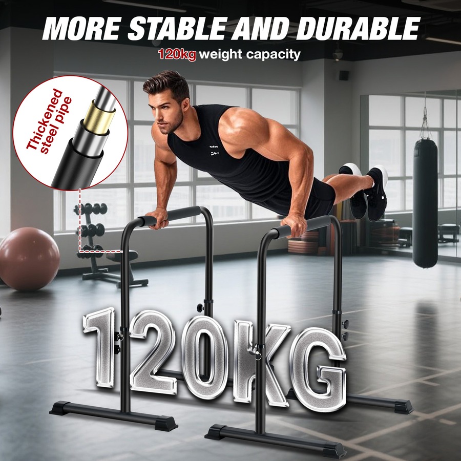 Advwin 78-99cm Height Adjustable Dip Bar Home Dip Station for Push-Ups, L-Sits, Pull-Ups & Core Exercise 120kg Capacity
