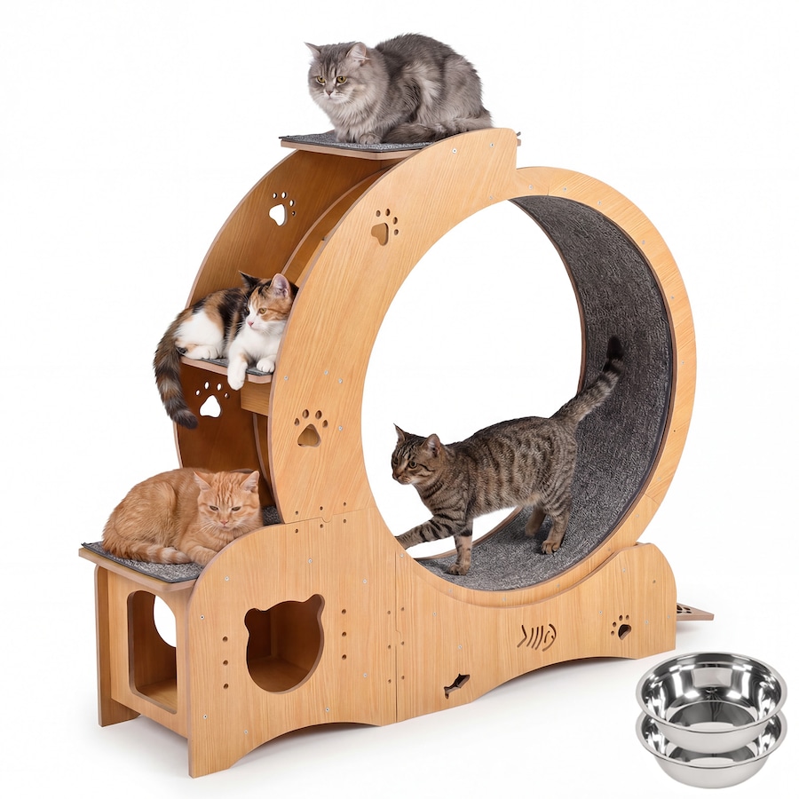 Advwin All-in-one Cat Exercise Wheel Cat Treadmill with Cat Bed Scratching Board Food Bowl