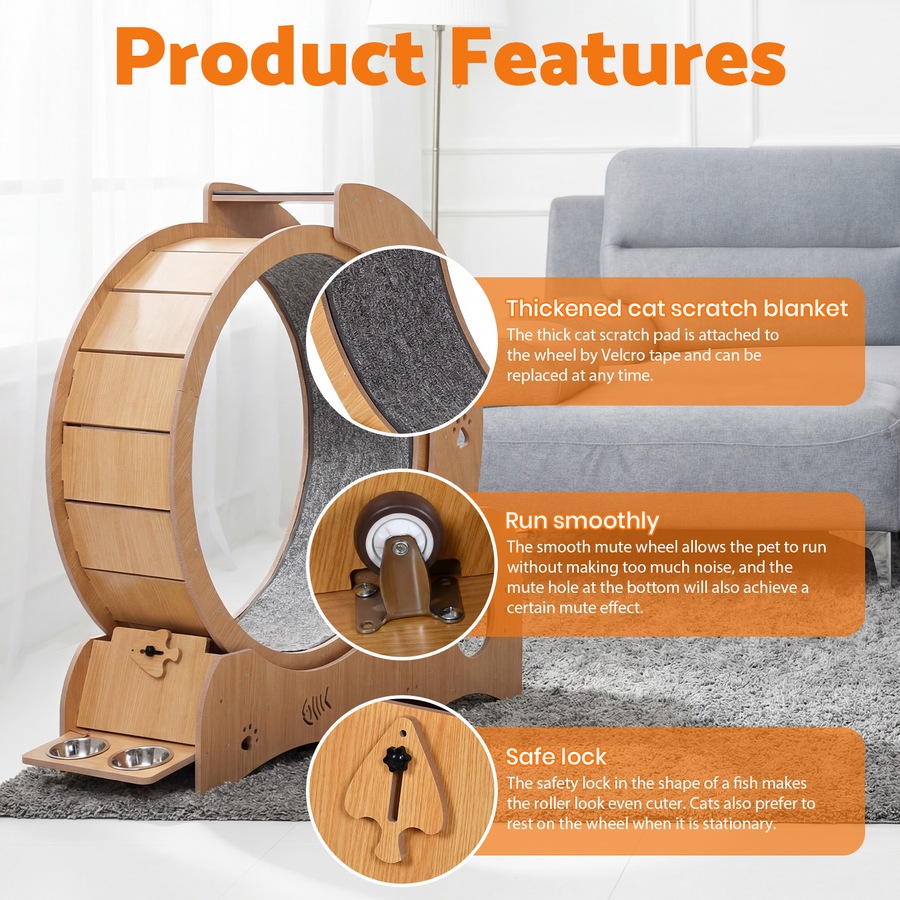 Advwin All-in-one Cat Exercise Wheel Cat Treadmill with Cat Bed Scratching Board Food Bowl