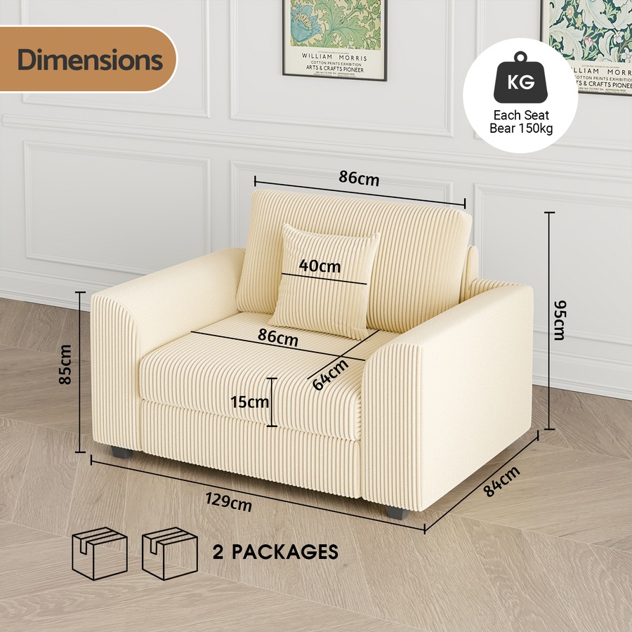 Advwin Armchair Single Seater Corduroy Sofa Lounge Upholstered Couch w/ Cushion Beige