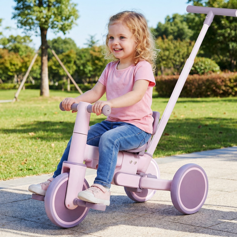 Advwin 5-in-1 Toddler Tricycle with Push Handle Foldable Kids Bike Toddler Balance Bike for Boys and Girls, Pink+Purple