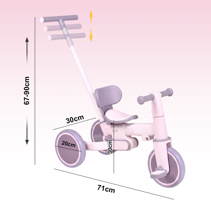 Advwin 5-in-1 Toddler Tricycle with Push Handle Foldable Kids Bike Toddler Balance Bike for Boys and Girls, Pink+Purple