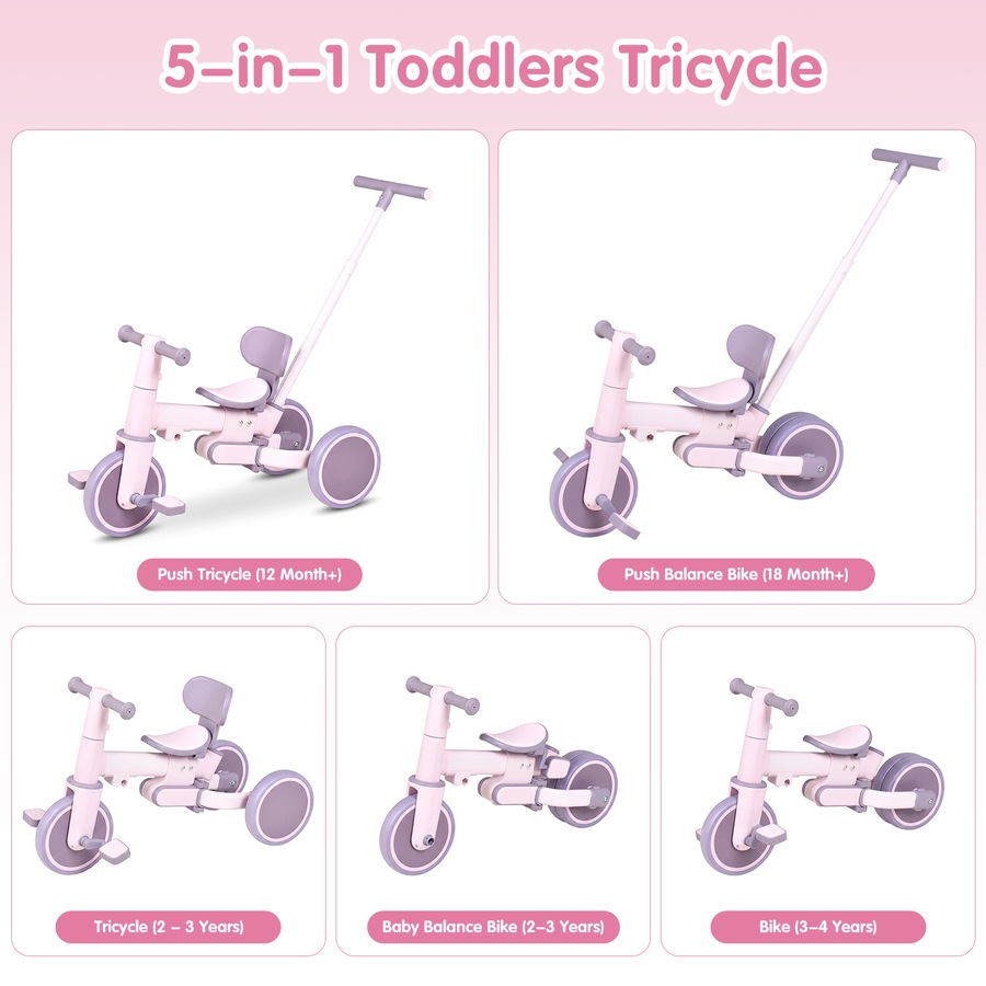 Advwin 5-in-1 Toddler Tricycle with Push Handle Foldable Kids Bike Toddler Balance Bike for Boys and Girls, Pink+Purple