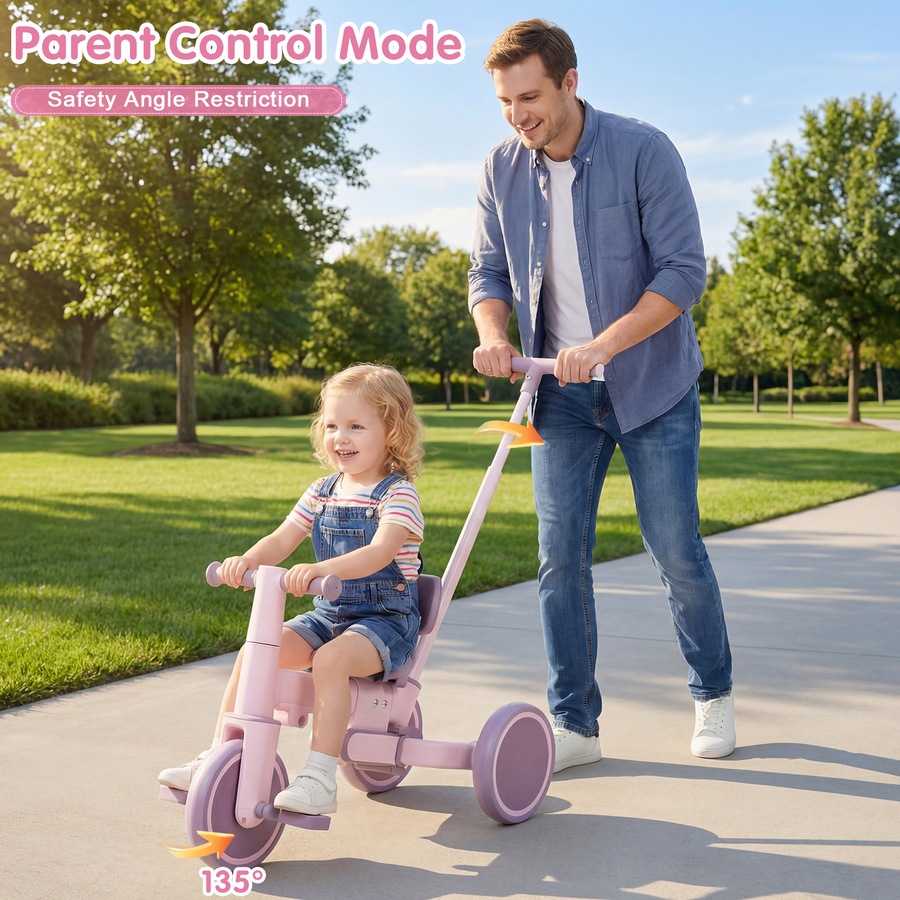 Advwin 5-in-1 Toddler Tricycle with Push Handle Foldable Kids Bike Toddler Balance Bike for Boys and Girls, Pink+Purple