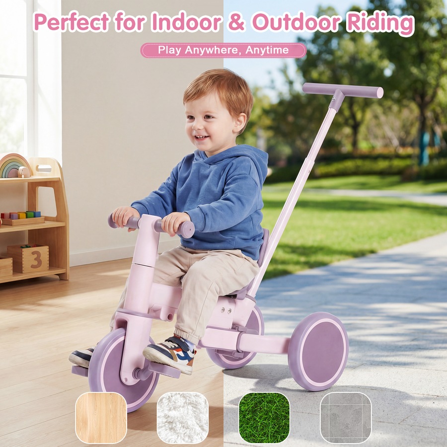 Advwin 5-in-1 Toddler Tricycle with Push Handle Foldable Kids Bike Toddler Balance Bike for Boys and Girls, Pink+Purple