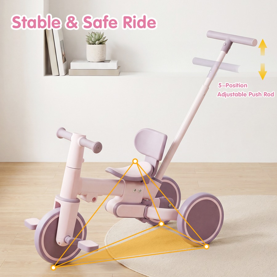 Advwin 5-in-1 Toddler Tricycle with Push Handle Foldable Kids Bike Toddler Balance Bike for Boys and Girls, Pink+Purple