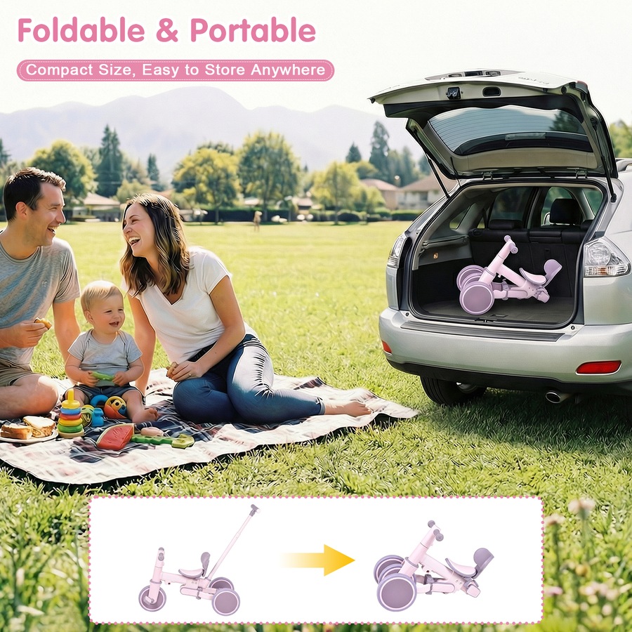 Advwin 5-in-1 Toddler Tricycle with Push Handle Foldable Kids Bike Toddler Balance Bike for Boys and Girls, Pink+Purple