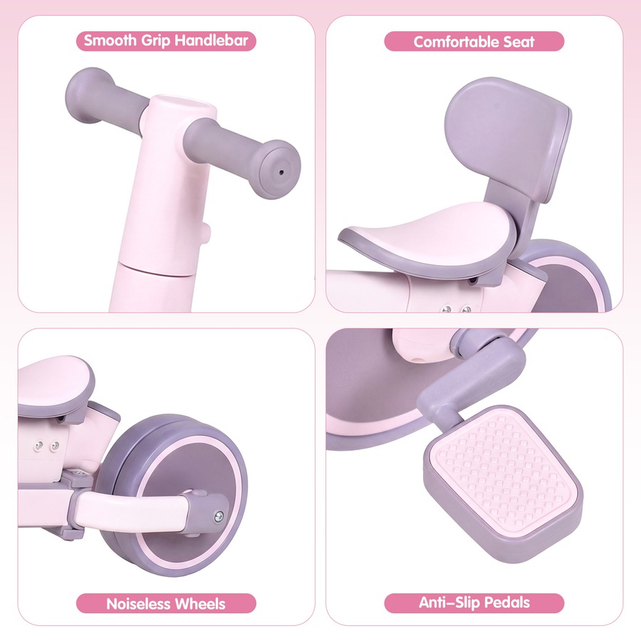 Advwin 5-in-1 Toddler Tricycle with Push Handle Foldable Kids Bike Toddler Balance Bike for Boys and Girls, Pink+Purple