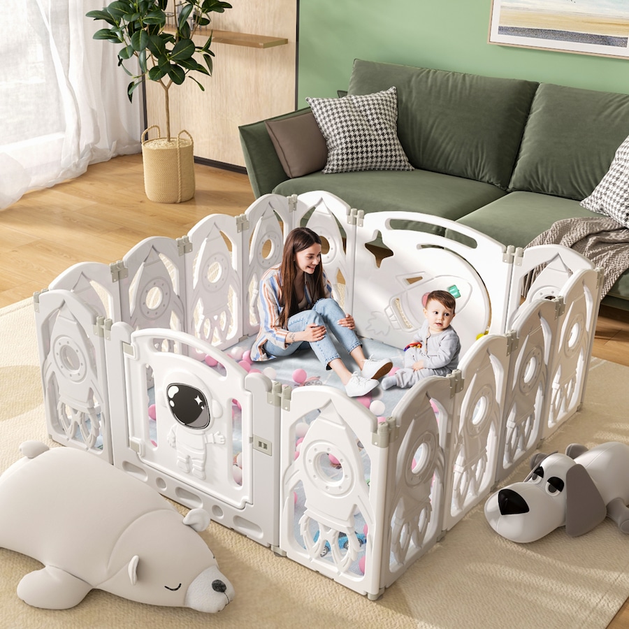 Advwin Baby PlayPen 14 Panels Foldable Kids Activity Centre Toddlers Fence Yard Safety Gate Grey