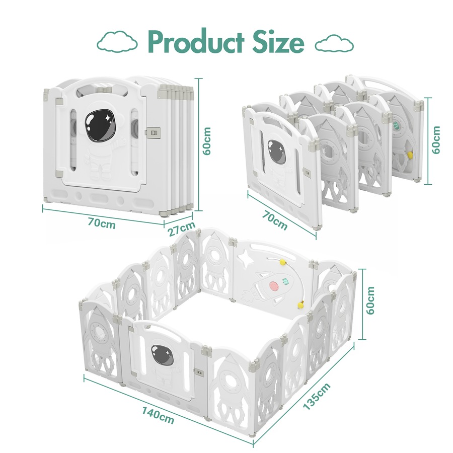 Advwin Baby PlayPen 14 Panels Foldable Kids Activity Centre Toddlers Fence Yard Safety Gate Grey