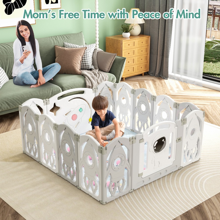 Advwin Baby PlayPen 14 Panels Foldable Kids Activity Centre Toddlers Fence Yard Safety Gate Grey