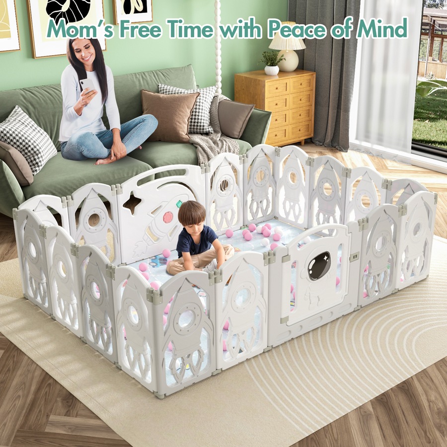 Advwin Baby PlayPen 18 Panels Foldable Kids Activity Centre Toddlers Fence Yard Safety Gate Grey