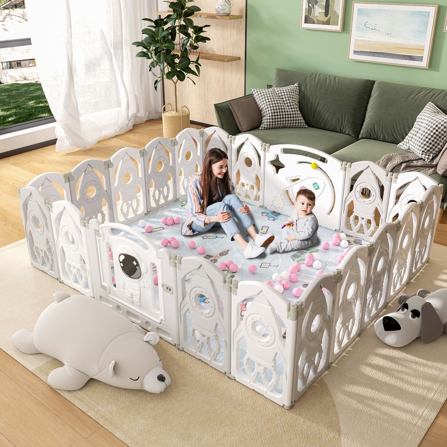 Advwin Baby PlayPen 20 Panels Foldable Kids Activity Centre Toddlers Fence Yard Safety Gate Grey