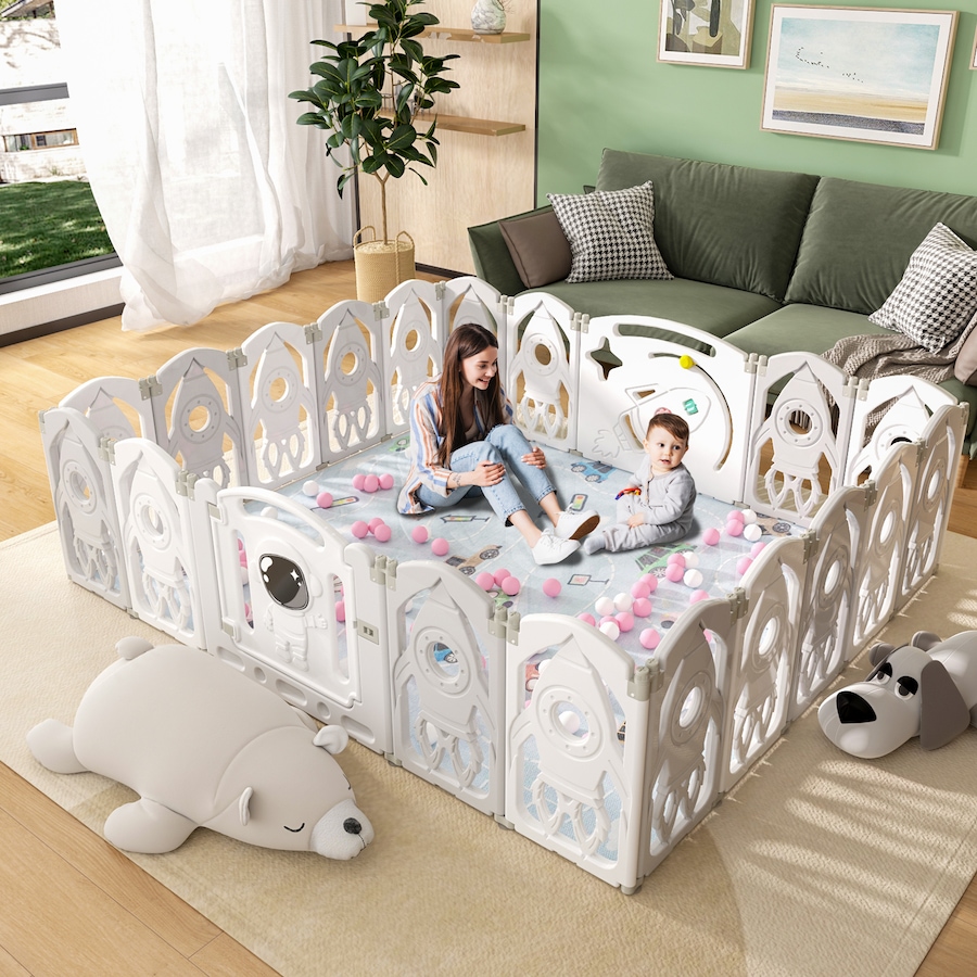 Advwin Baby PlayPen 20 Panels Foldable Kids Activity Centre Toddlers Fence Yard Safety Gate Grey