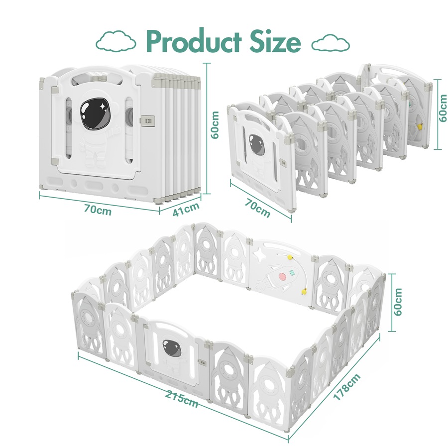 Advwin Baby PlayPen 20 Panels Foldable Kids Activity Centre Toddlers Fence Yard Safety Gate Grey