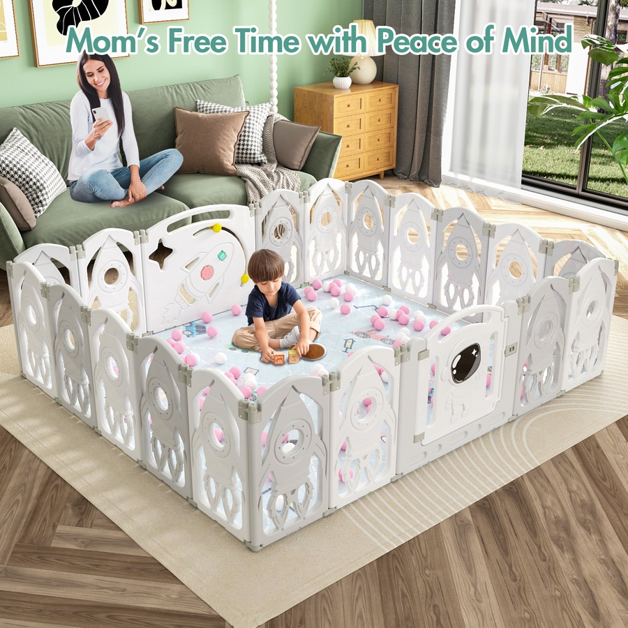 Advwin Baby PlayPen 20 Panels Foldable Kids Activity Centre Toddlers Fence Yard Safety Gate Grey