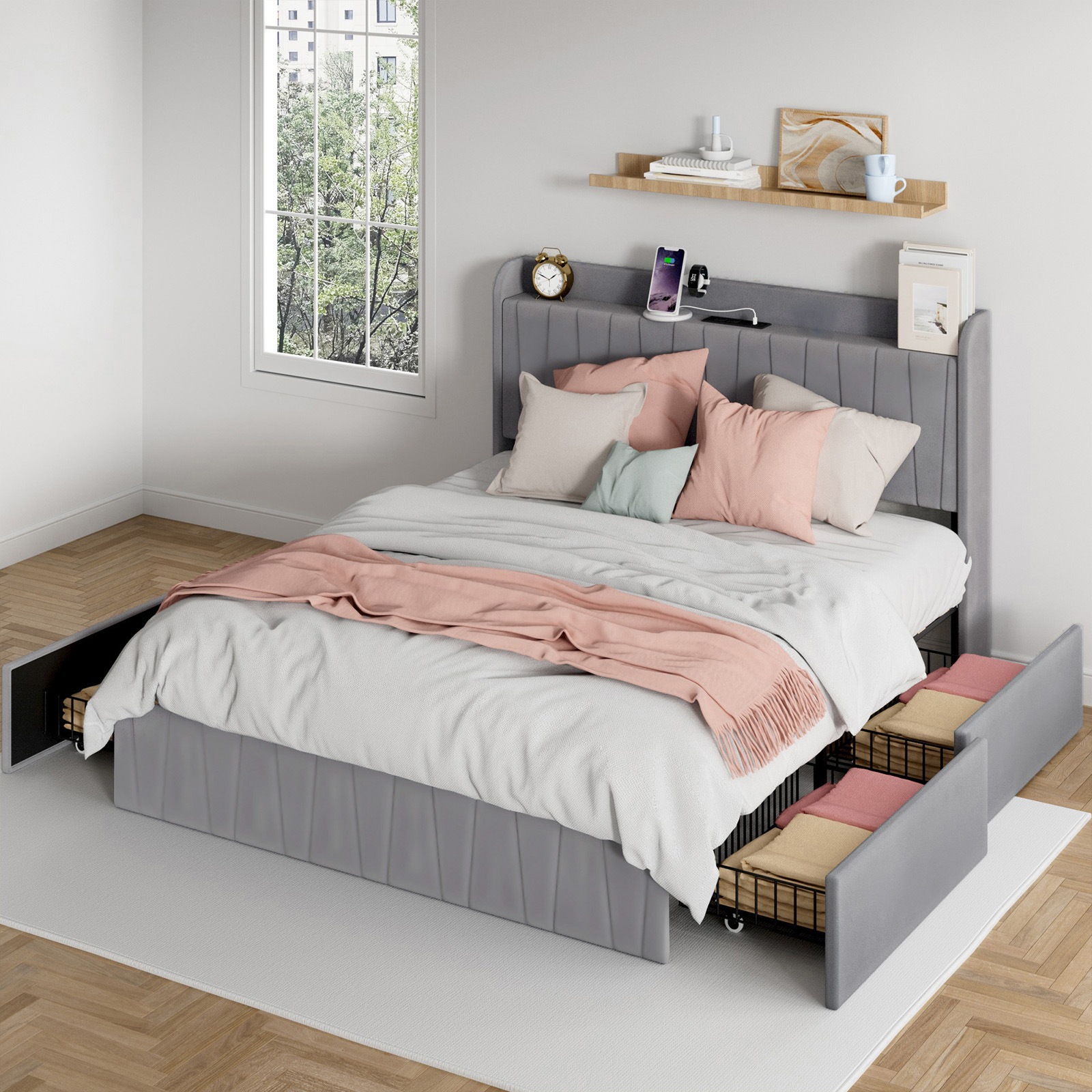 Buy Advwin Bed Frame Queen Size with 4 Storage Drawers Charging Station ...