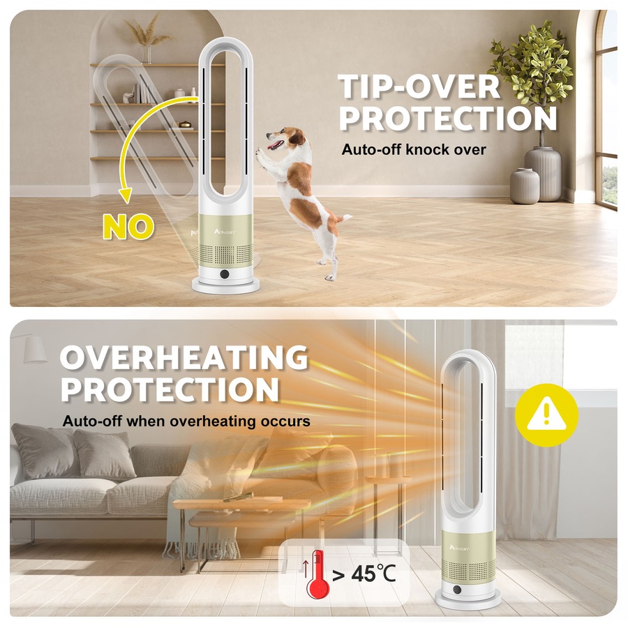 Advwin Bladeless Tower Fan, 2 in 1 Electric Fan Heater with 8 Speeds, Portable Oscillation Fan for Room Bedroom Office Use