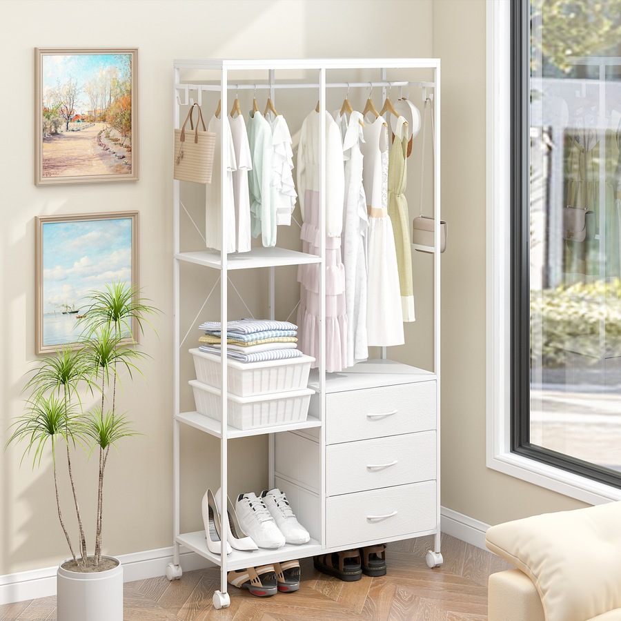 Advwin Clothes Rack Open Wardrobe Garment Coat Hanging Rail 3 Fabric Drawers White