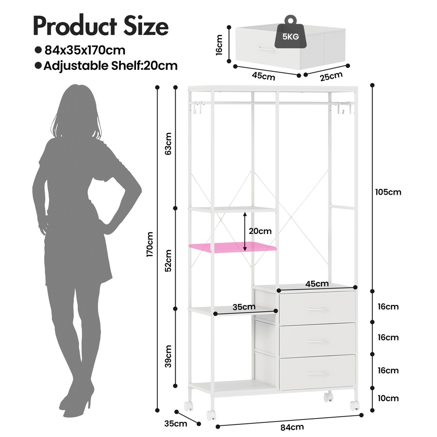 Advwin Clothes Rack Open Wardrobe Garment Coat Hanging Rail 3 Fabric Drawers White