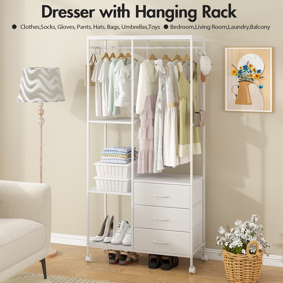 Advwin Clothes Rack Open Wardrobe Garment Coat Hanging Rail 3 Fabric Drawers White