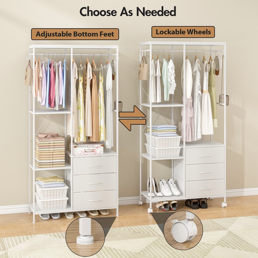 Advwin Clothes Rack Open Wardrobe Garment Coat Hanging Rail 3 Fabric Drawers White