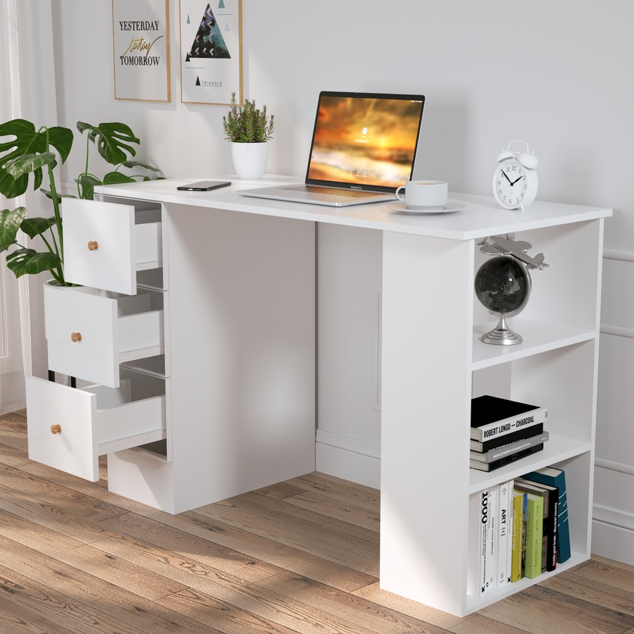 Advwin 110cm Computer Office Desk with Drawers Shelve Cabinet Study Table Home Workstation White