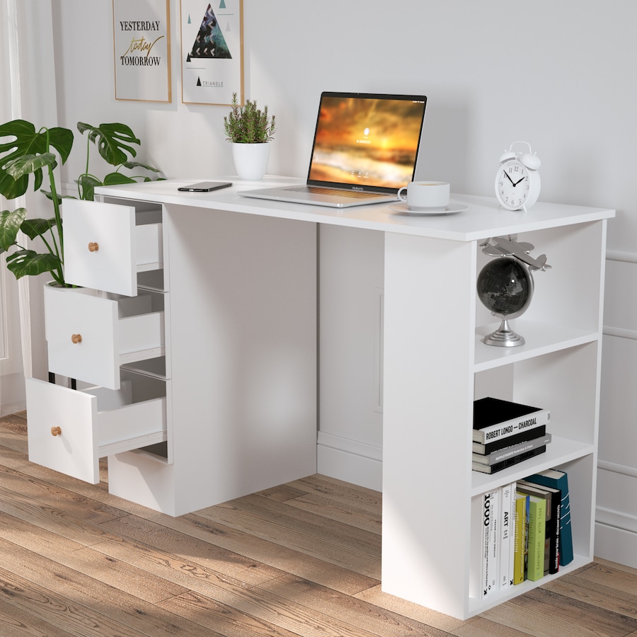 Advwin 110cm Computer Office Desk with Drawers Shelve Cabinet Study Table Home Workstation White