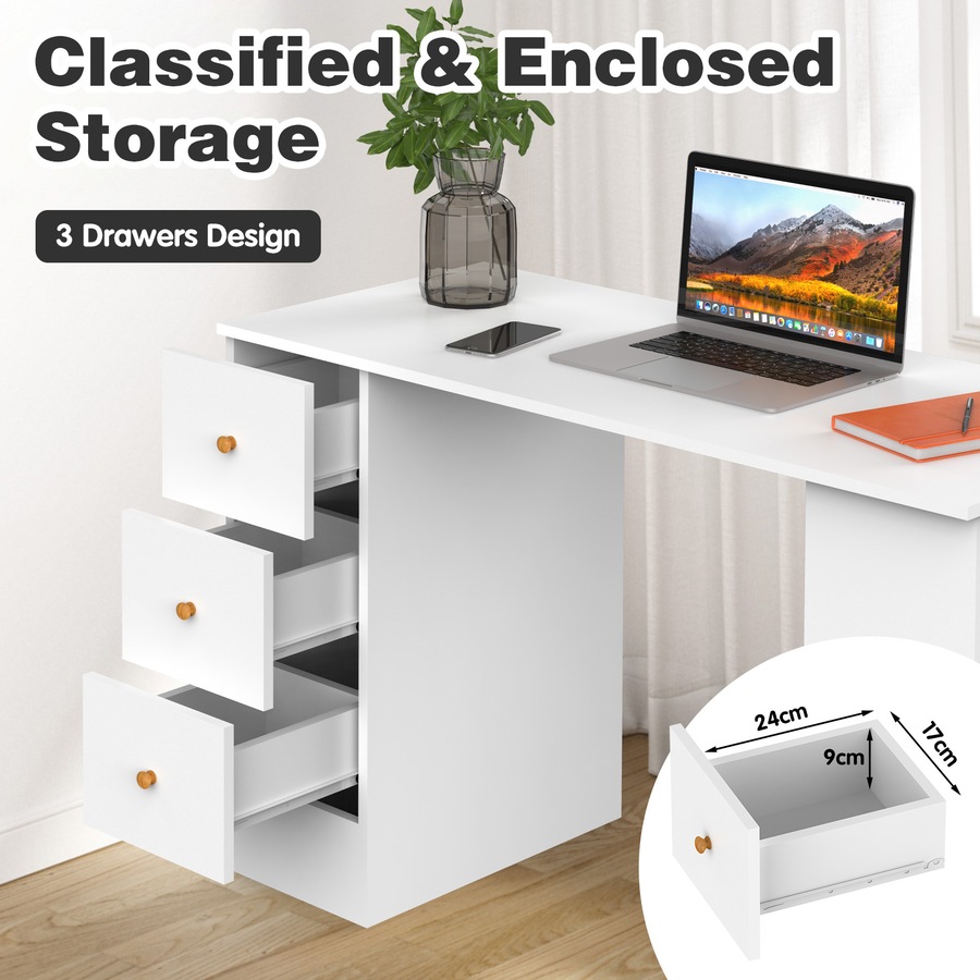 Advwin 110cm Computer Office Desk with Drawers Shelve Cabinet Study Table Home Workstation White