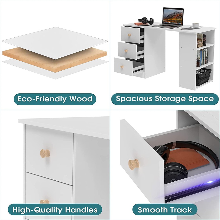 Advwin 110cm Computer Office Desk with Drawers Shelve Cabinet Study Table Home Workstation White