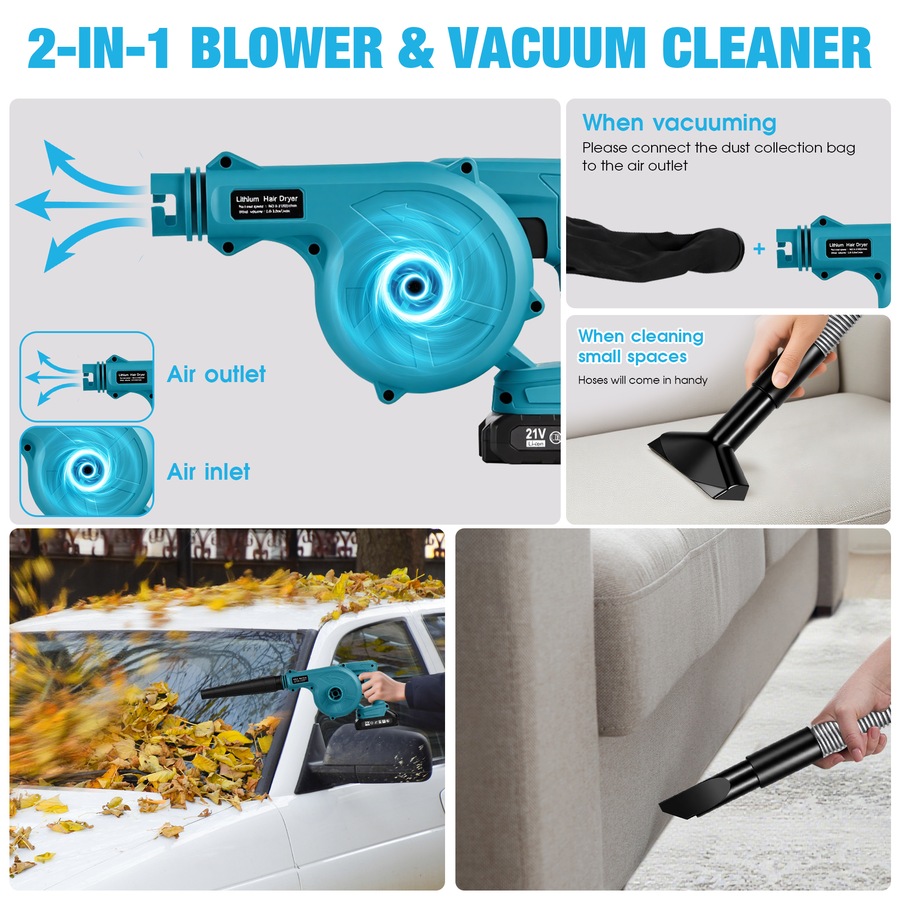 Advwin Cordless Leaf Blower & Vacuum, 2-in-1 Electric Leaf Blower with 2 Lithium Batteries & Charger, Portable Yard Blower for Patio, Lawn, Dust Cleaning