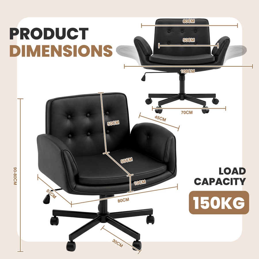 Advwin Cross-Legged Desk Armchair with 5-Level Adjustable Arm & Wheels, Swivel Office Chair with Adjustable Height & Wide Seat for Home Office Study Bedroom Lounge, Black