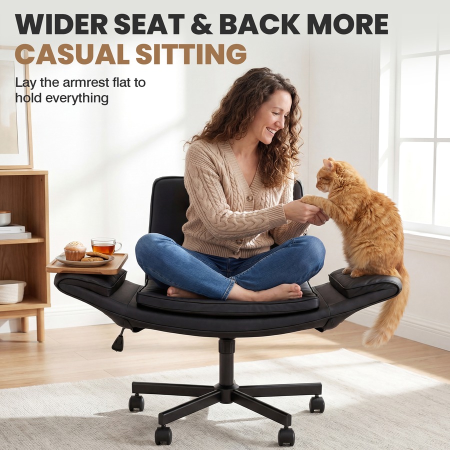 Advwin Cross-Legged Desk Armchair with 5-Level Adjustable Arm & Wheels, Swivel Office Chair with Adjustable Height & Wide Seat for Home Office Study Bedroom Lounge, Black