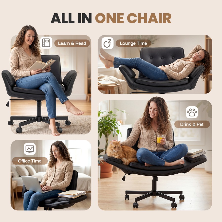 Advwin Cross-Legged Desk Armchair with 5-Level Adjustable Arm & Wheels, Swivel Office Chair with Adjustable Height & Wide Seat for Home Office Study Bedroom Lounge, Black