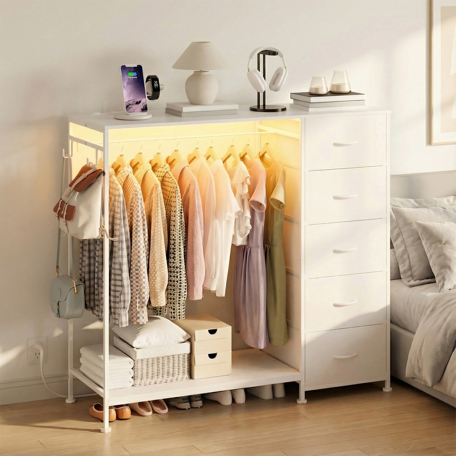 Buy Advwin Dresser with Hanging Rack Fabric Chest of Drawers with ...