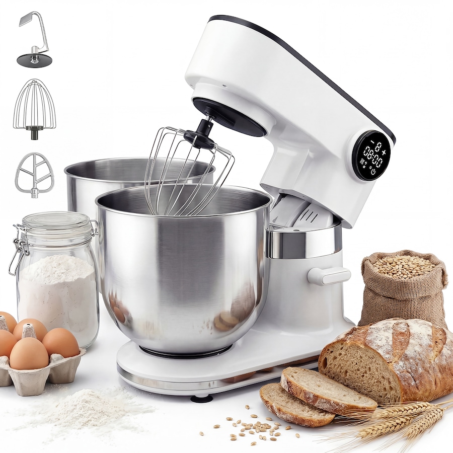 Advwin Dual Bowl Stand Mixer, 1800W Food Mixer with Touch Control, 8-Speed Kitchen Machine with Timer, Tilt-Head Electric Mixer, Dishwasher Safe, Food Processor for Dough, Cake & Bread