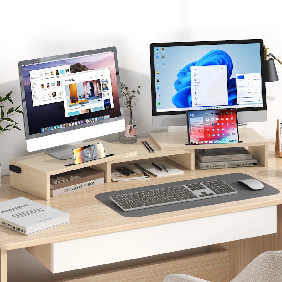 Advwin Dual Monitor Stand Riser Desk Organizer Computer Stand Adjustable Length and Angle Wood