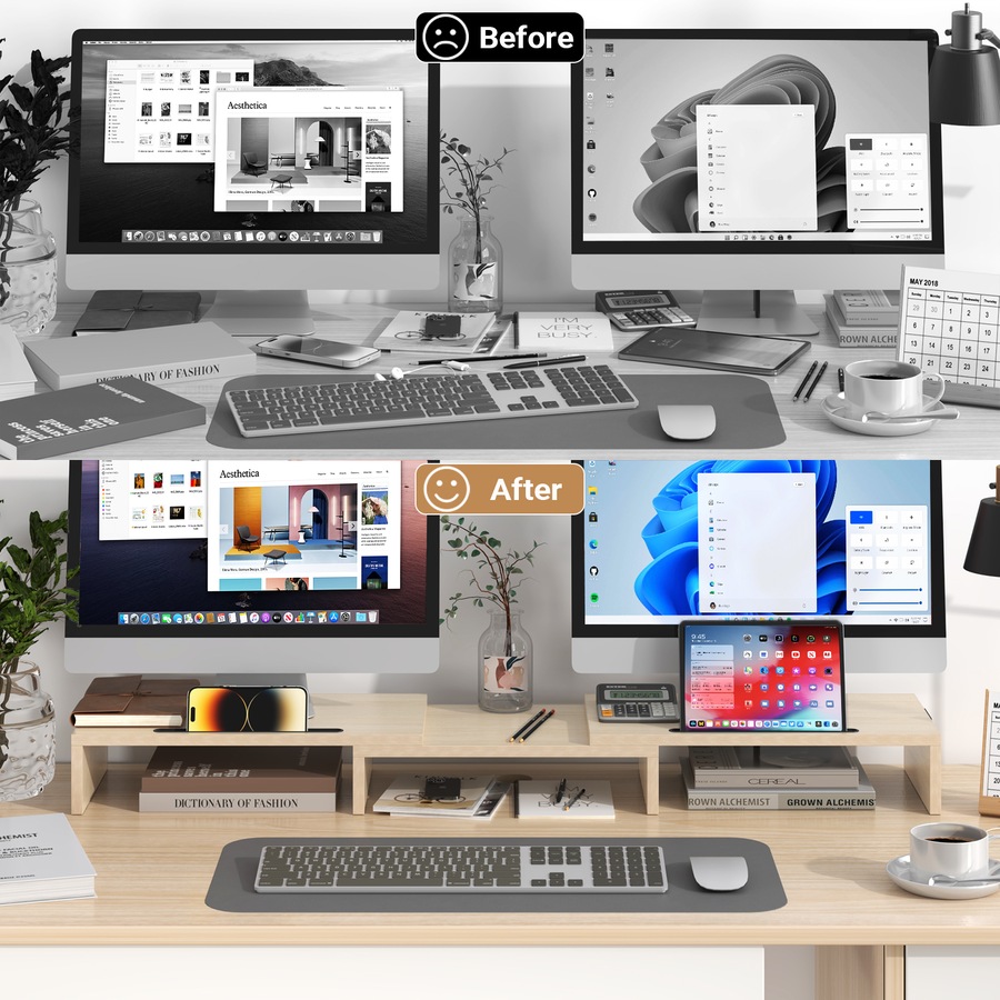 Advwin Dual Monitor Stand Riser Desk Organizer Computer Stand Adjustable Length and Angle Wood