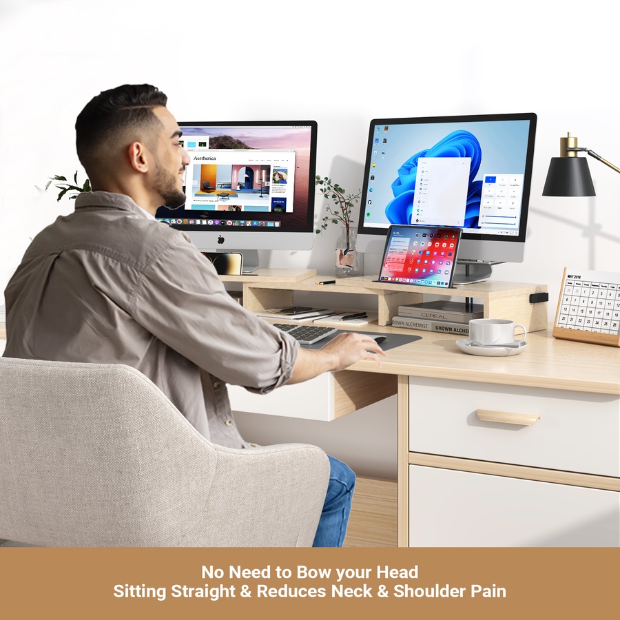 Advwin Dual Monitor Stand Riser Desk Organizer Computer Stand Adjustable Length and Angle Wood