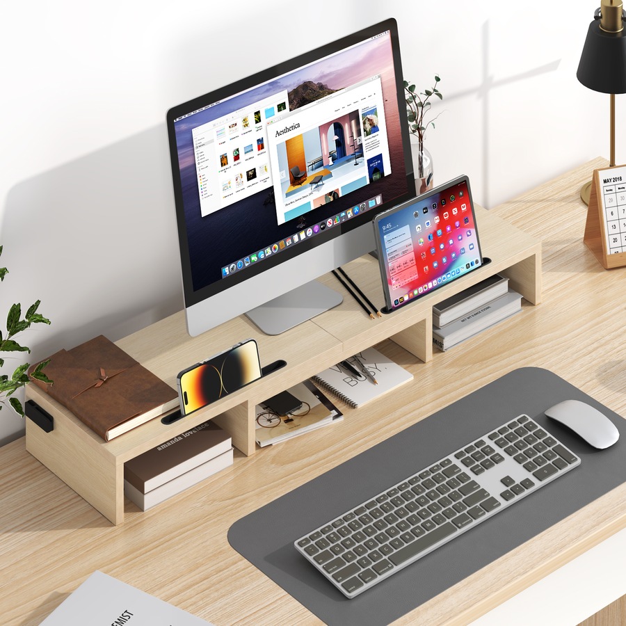 Advwin Dual Monitor Stand Riser Desk Organizer Computer Stand Adjustable Length and Angle Wood