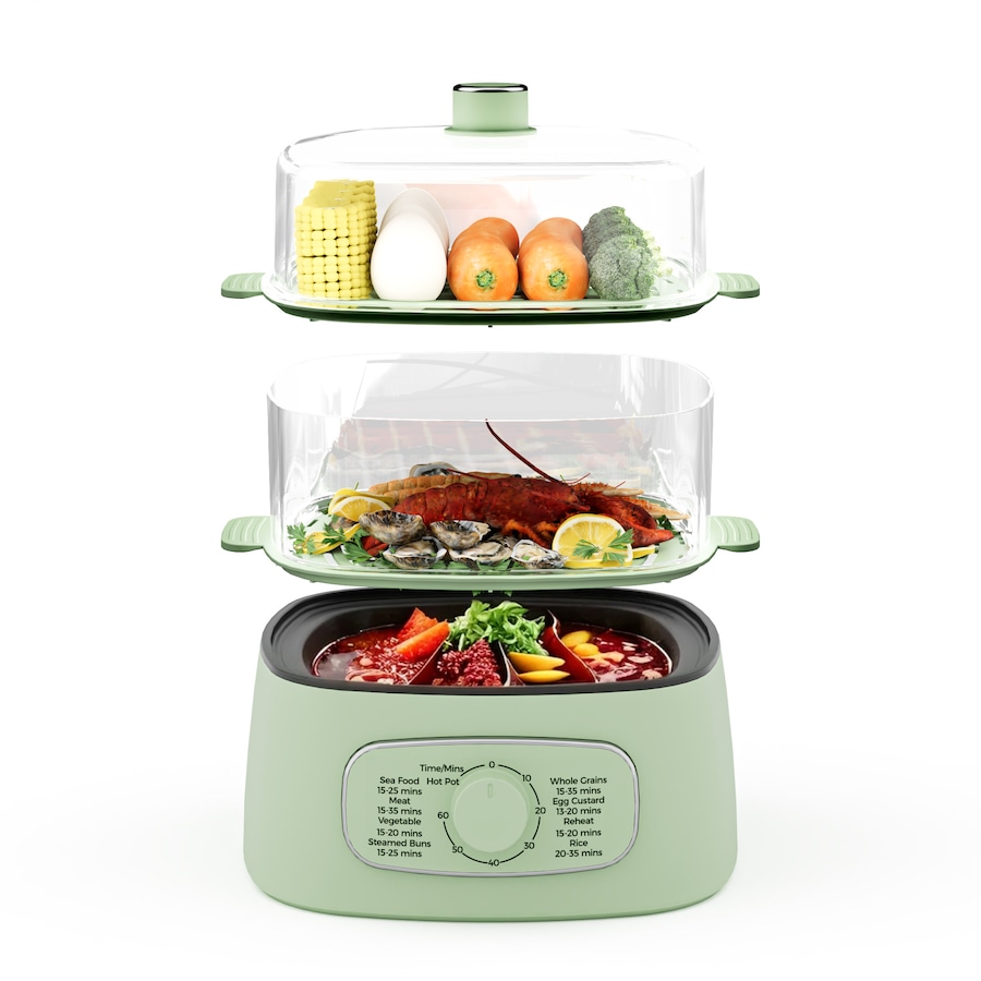 Advwin Electric Food Steamer, 12L Electric Steamer Pot with 2 Removable Steamer Trays, Hotpot Mode, Smart Timer, Vegetable & Meat & Seafood Steamer, Multi-Cooker for Hotpot, Steam, Stew, Green