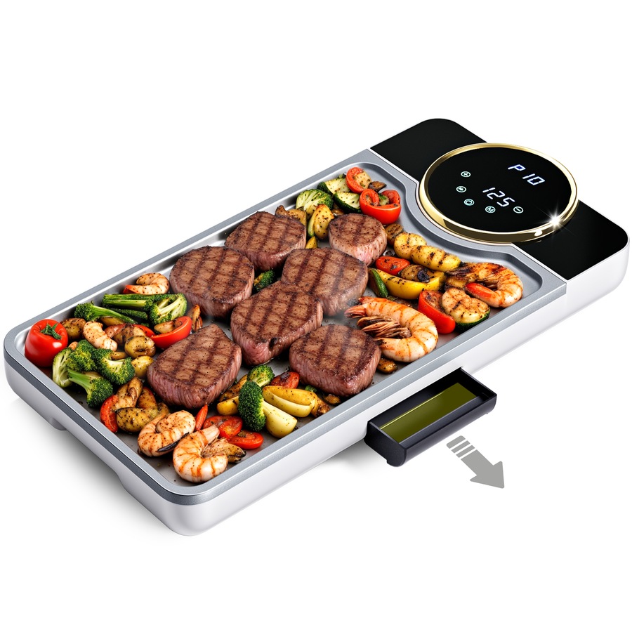 Advwin Electric Grill Pan, Electric Hot Plate with LCD Touchscreen, Non-Stick Griddle Plate for Family, Adjustable Temperature & Timer, Removable Oil Drip Tray, Smokeless Family Grill for 2-8 People