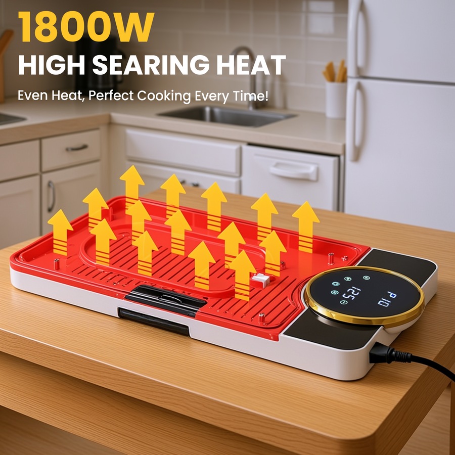 Advwin Electric Grill Pan, Electric Hot Plate with LCD Touchscreen, Non-Stick Griddle Plate for Family, Adjustable Temperature & Timer, Removable Oil Drip Tray, Smokeless Family Grill for 2-8 People