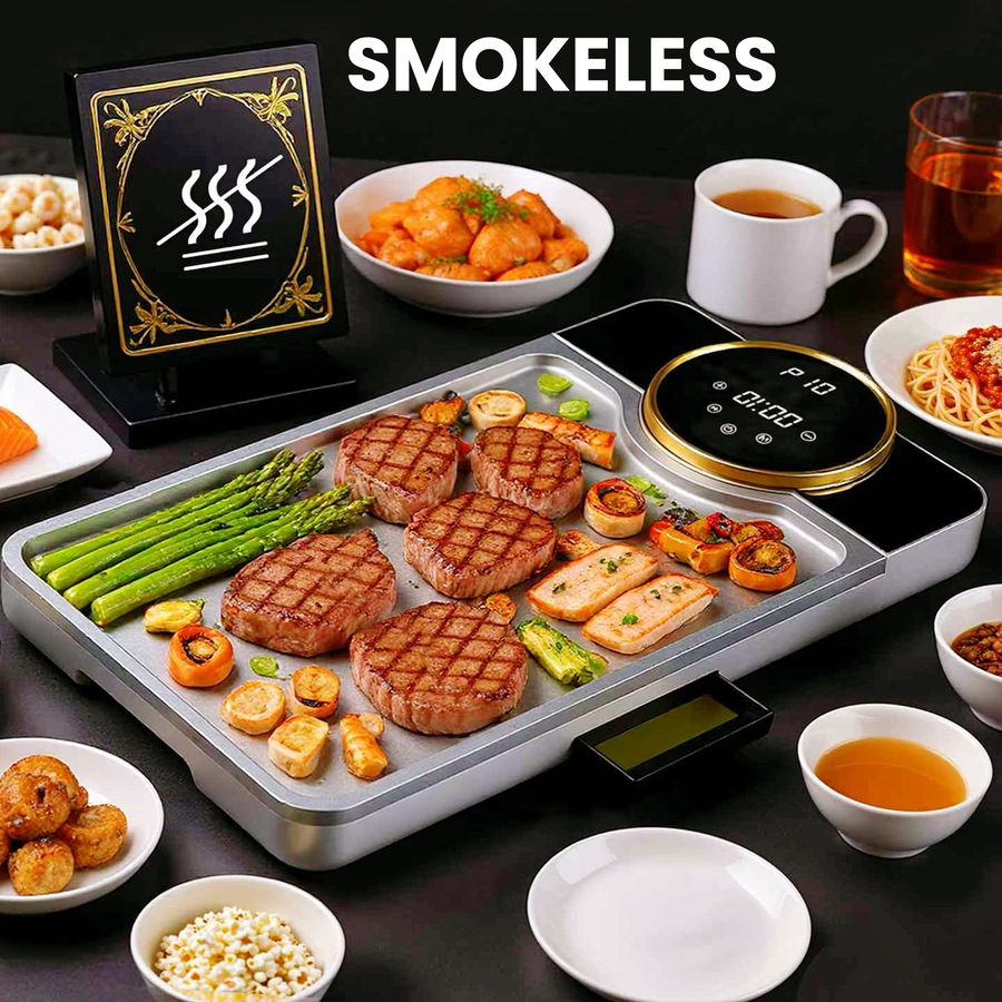 Advwin Electric Grill Pan, Electric Hot Plate with LCD Touchscreen, Non-Stick Griddle Plate for Family, Adjustable Temperature & Timer, Removable Oil Drip Tray, Smokeless Family Grill for 2-8 People