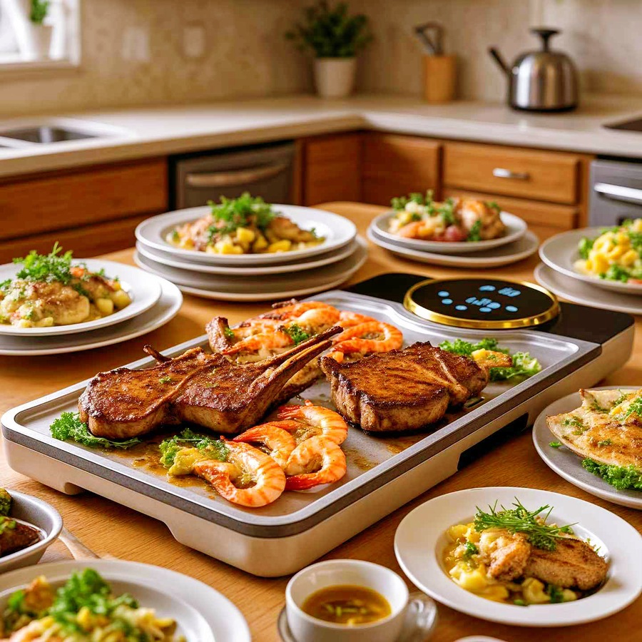 Advwin Electric Grill Pan, Electric Hot Plate with LCD Touchscreen, Non-Stick Griddle Plate for Family, Adjustable Temperature & Timer, Removable Oil Drip Tray, Smokeless Family Grill for 2-8 People