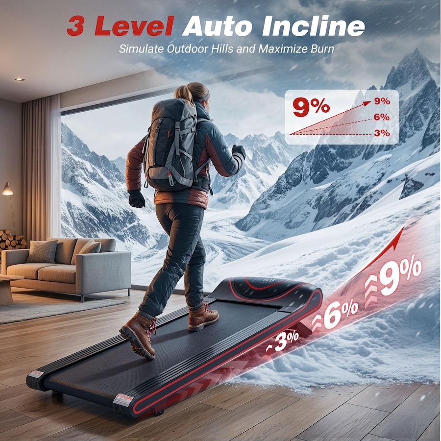 Advwin Electric Incline Treadmill for Home, 3-Level Auto Incline 3%/6%/9% Walking Pad Running Machine with App & Remote Control, LED Ambient Display, 1-8 km/h