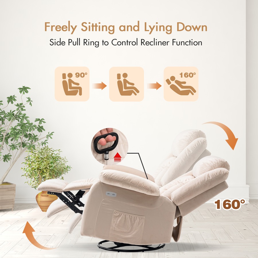 Advwin Electric Recliner Chair, Massage Rocker Recliner with Heat and Vibration Manual Reclining Chair for Home Theater Seating (Beige)